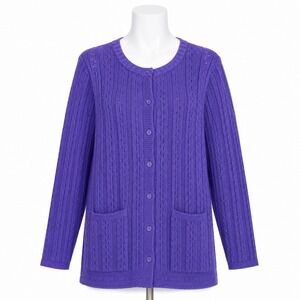 Easy Essentials Cardigan Sweater L Purple Pointelle Cable Knit Cottage Grandma